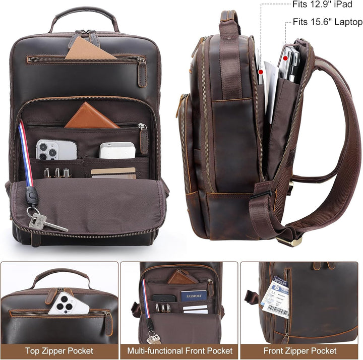 TIDING Mochila de cuero de grano completo para computadora portátil...