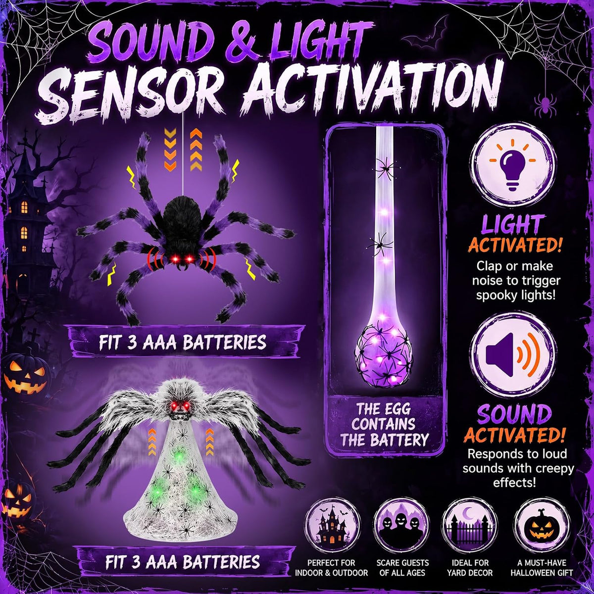 Soulchen Paquete de 2 arañas animatrónicas de Halloween con huevo LED