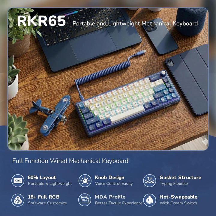 RK ROYAL KLUDGE R65 Teclado para juegos con cable con perilla de vo...