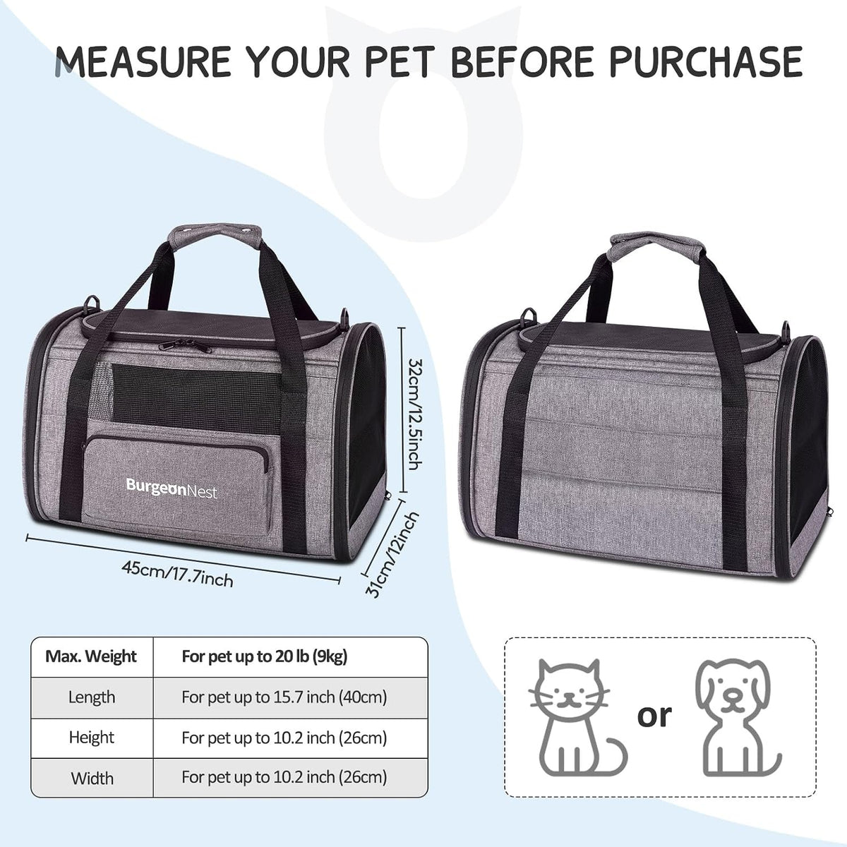 BurgeonNest - Transportador para gatos de hasta 20 libras, bolsa de viaje portátil para mascotas con carga superior