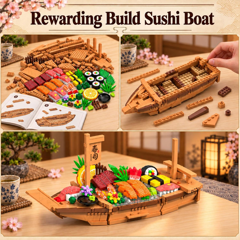 Juego de bloques de construcción de barco de sushi japonés grande