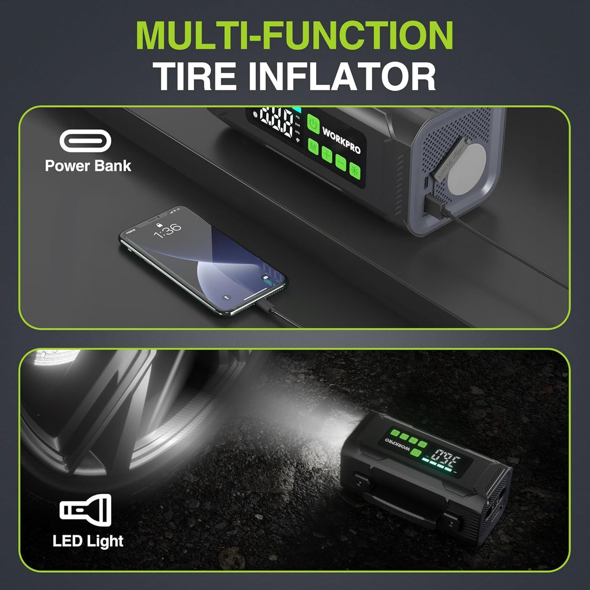 WORKPRO Inflador de neumáticos compresor de aire portátil, bomba de...