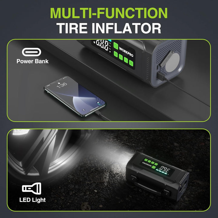 WORKPRO Inflador de neumáticos compresor de aire portátil, bomba de...