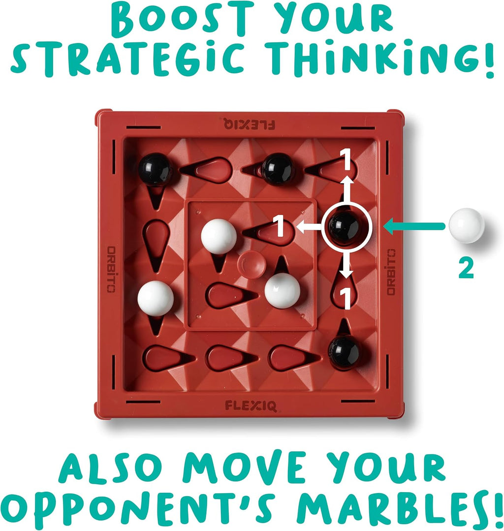 Orbito de Flex IQ, juegos de estrategia para 2 jugadores para reuniones familiares, ideal para juegos infantiles, incluye 1 tablero de juego con botón orbito, 8 canicas blancas y 8 canicas negras