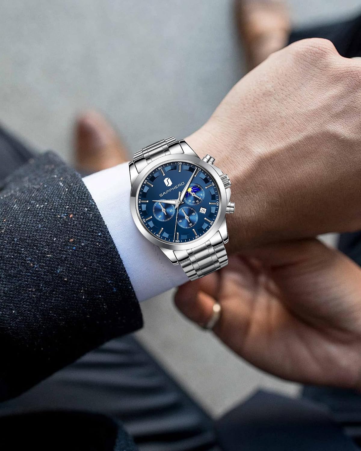 SAPPHERO Relojes cronógrafos para hombre, reloj analógico de acero inoxidable casual original para negocios, 50M, impermeable, luminoso, con esfera de fecha, regalo para hombre