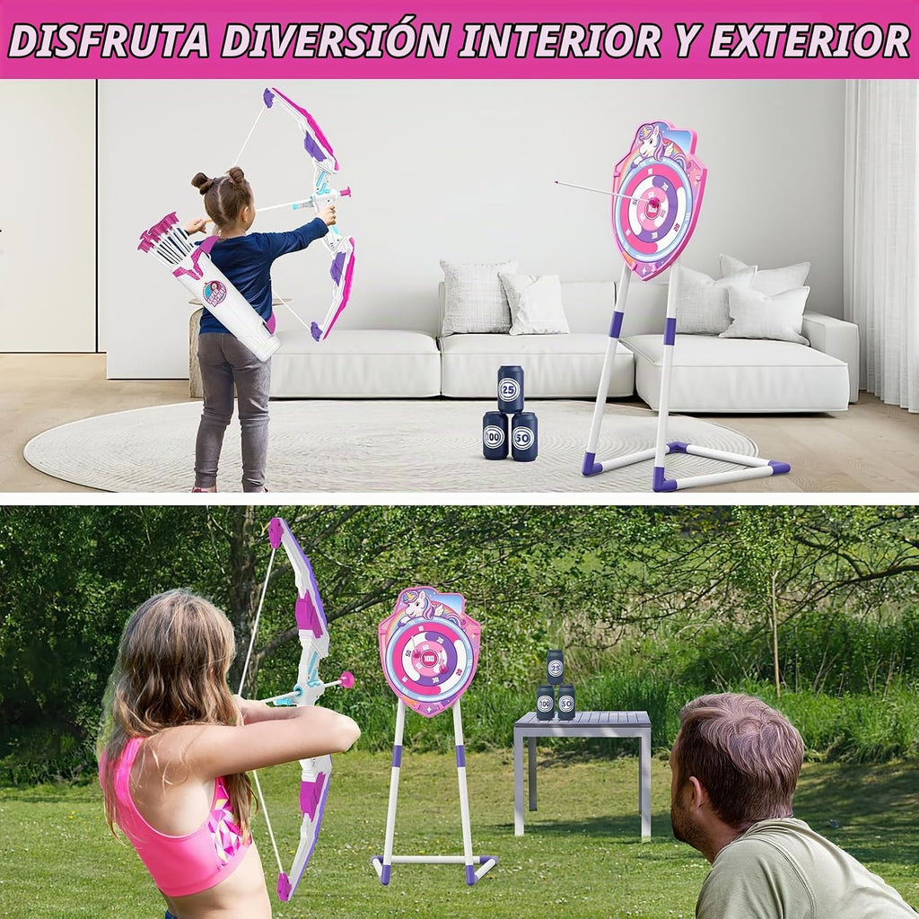 Pack de 2 Arco y Flecha para Niños, Arquería con Luz LED y Diana de Unicornio