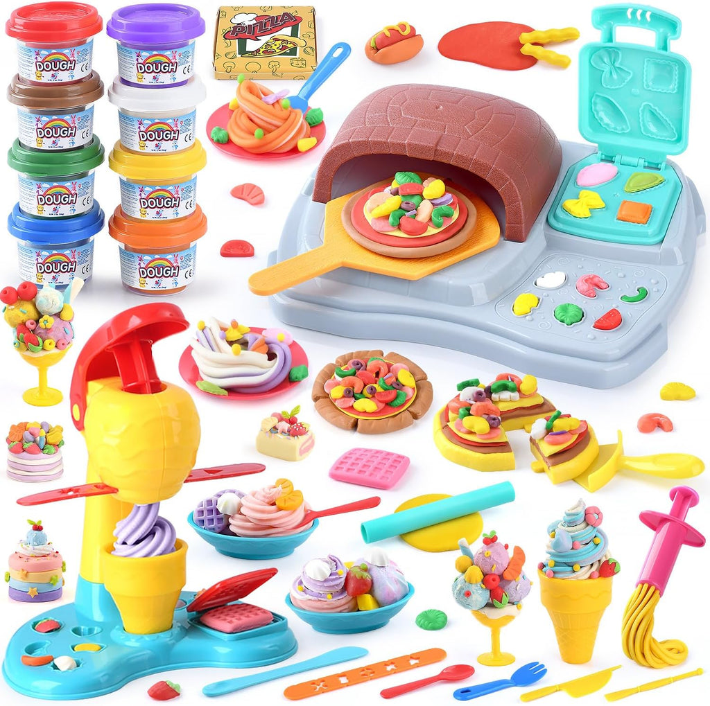 Juegos de masa de color 2 en 1 para niños de 2 a 4-8 años, máquina de helado y pizza de Kitchen Creations, juguetes de comida de arte y manualidades para niños de 3 años en adelante, niñas y niños, 8