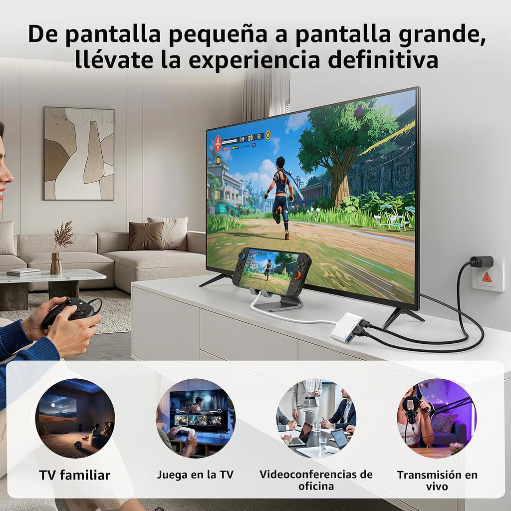 Adaptador USB C a HDMI para iPhone 17 16 15, 4K @60Hz ~ 120Hz iPhone a TV, adaptador USB C con carga rápida de 100 W, puerto USB 3.0 de 5 Gbps, dongle HDMI para iPad/TV/proyector/monitor, certificado