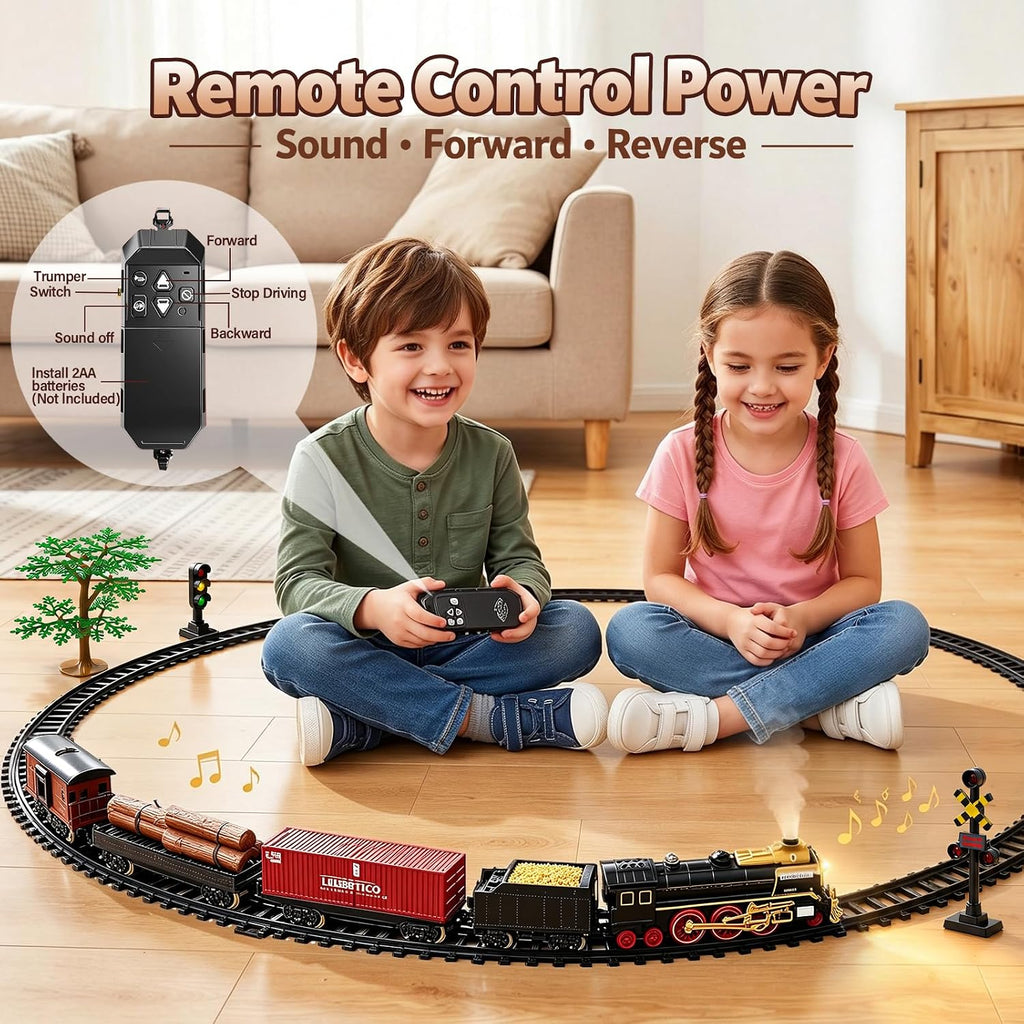 Juego de tren eléctrico con control remoto, humo, luces, sonido