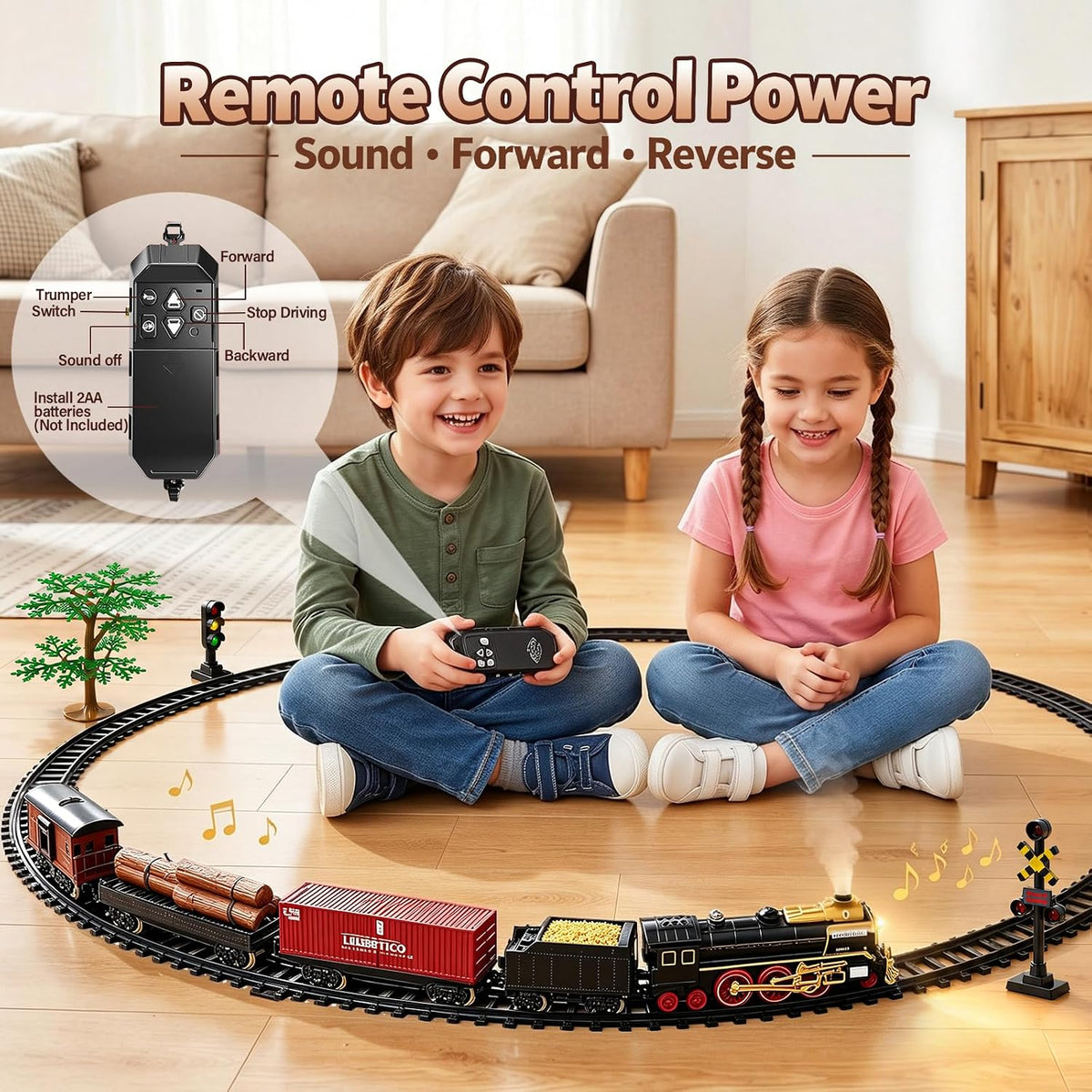 Juego de tren eléctrico con control remoto, humo, luces, sonido