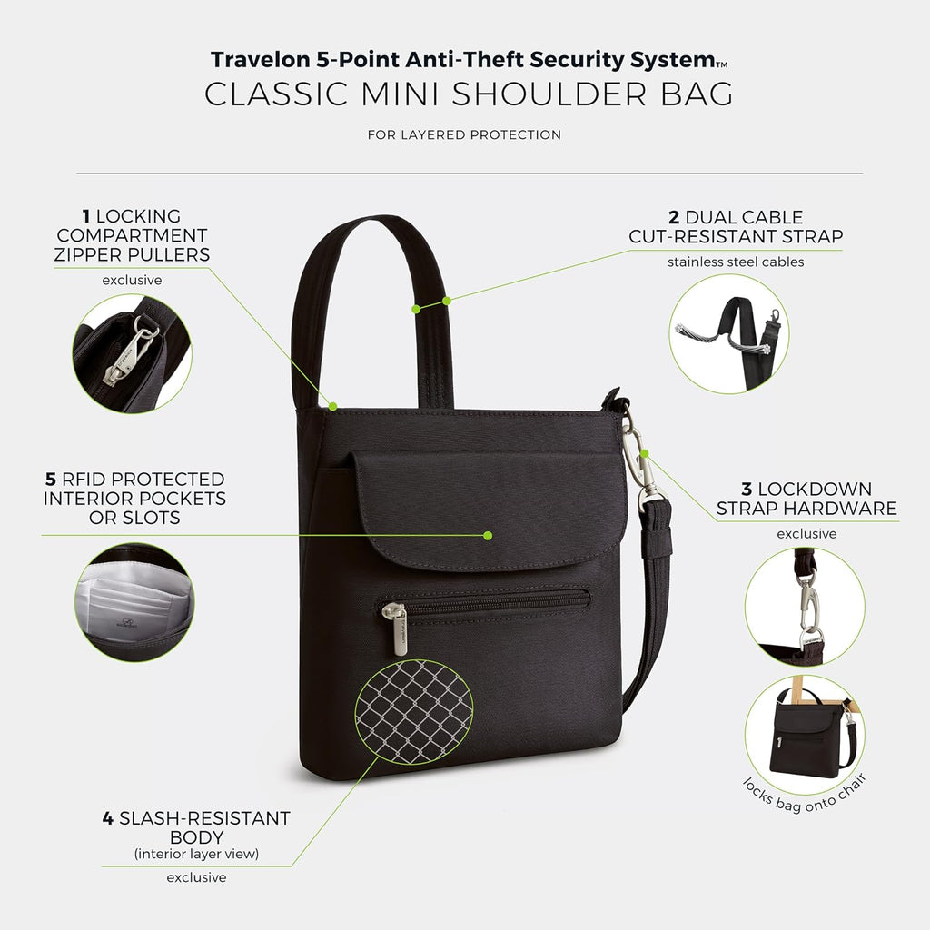 Travelon - Mini bolsa clásica de hombro antirrobo