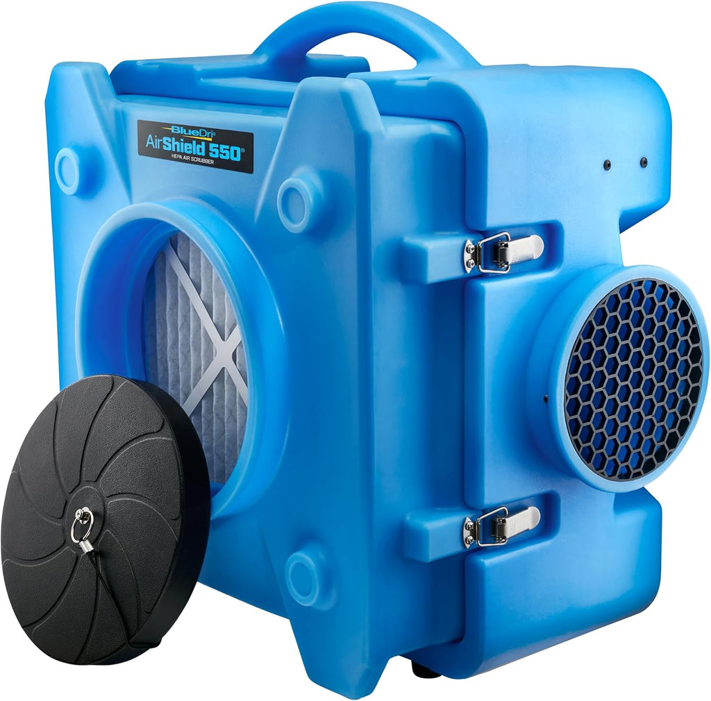 BlueDri Air Shield 550 Depurador de Aire HEPA, Equipo Purificador de Aire para Restauración de Daños por Agua, Cubre 1400 Pies Cuadrados, Capacidad de Conexión en Cadena, Para Uso Comercial, Azul