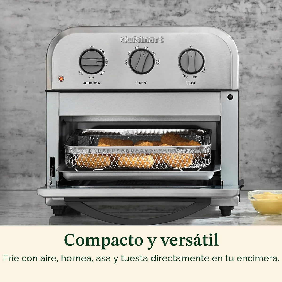 Cuisinart Horno Tostador Freidora de Aire Compacto, Freidora de Acero Inoxidable con Funciones 6-en-1, Temperatura Ajustable, Incluye Estante para Horno, Bandeja para Hornear y Cesta para Freidora de