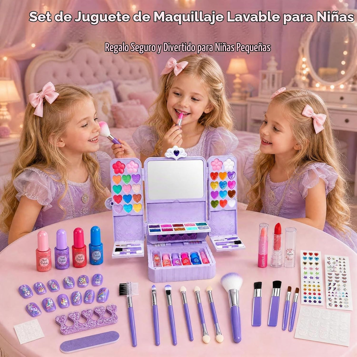 Kit de maquillaje infantil de 75 piezas para niñas, juego de maquillaje de