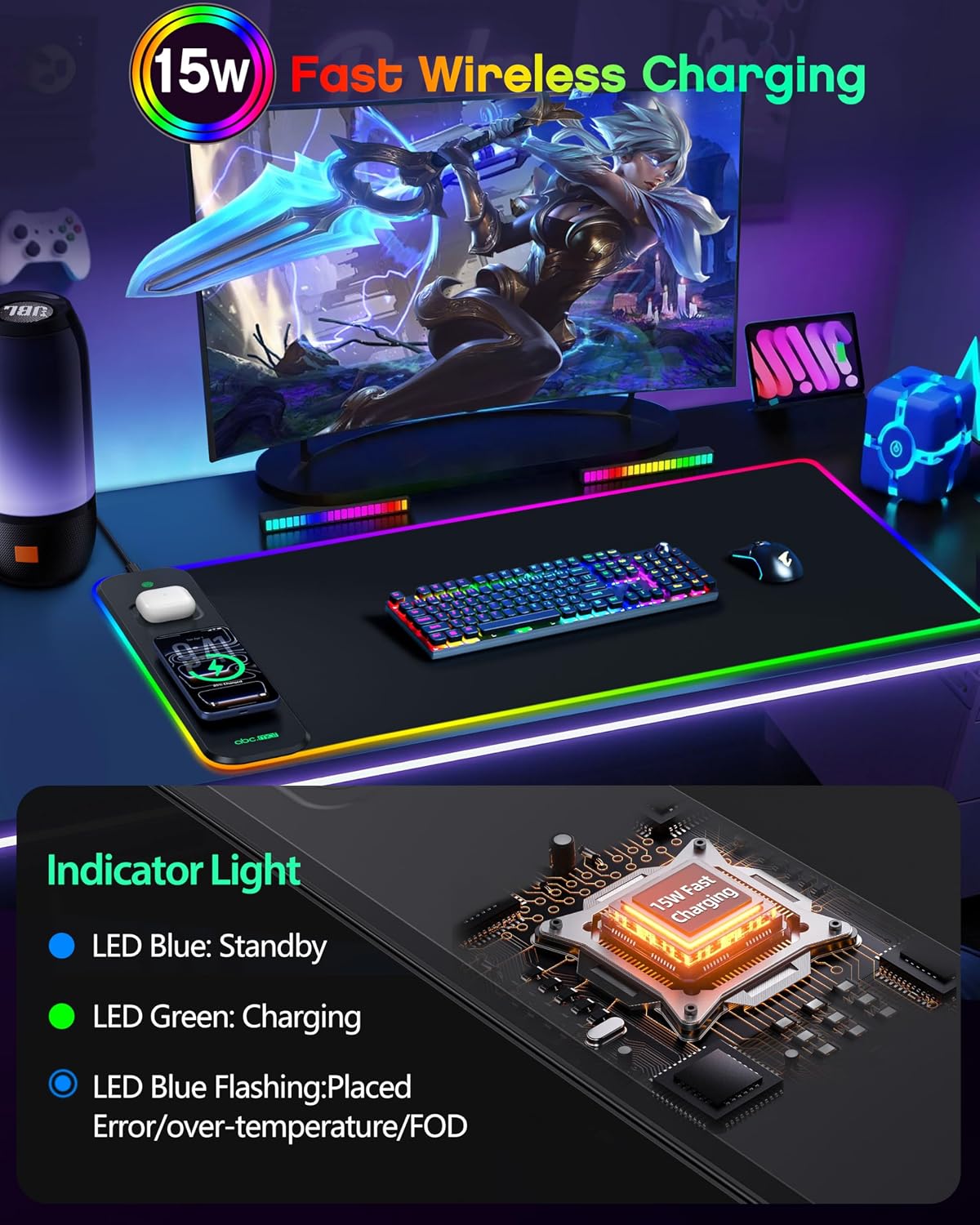 Alfombrilla de mouse magnética de carga inalámbrica para juegos, 31.5 x