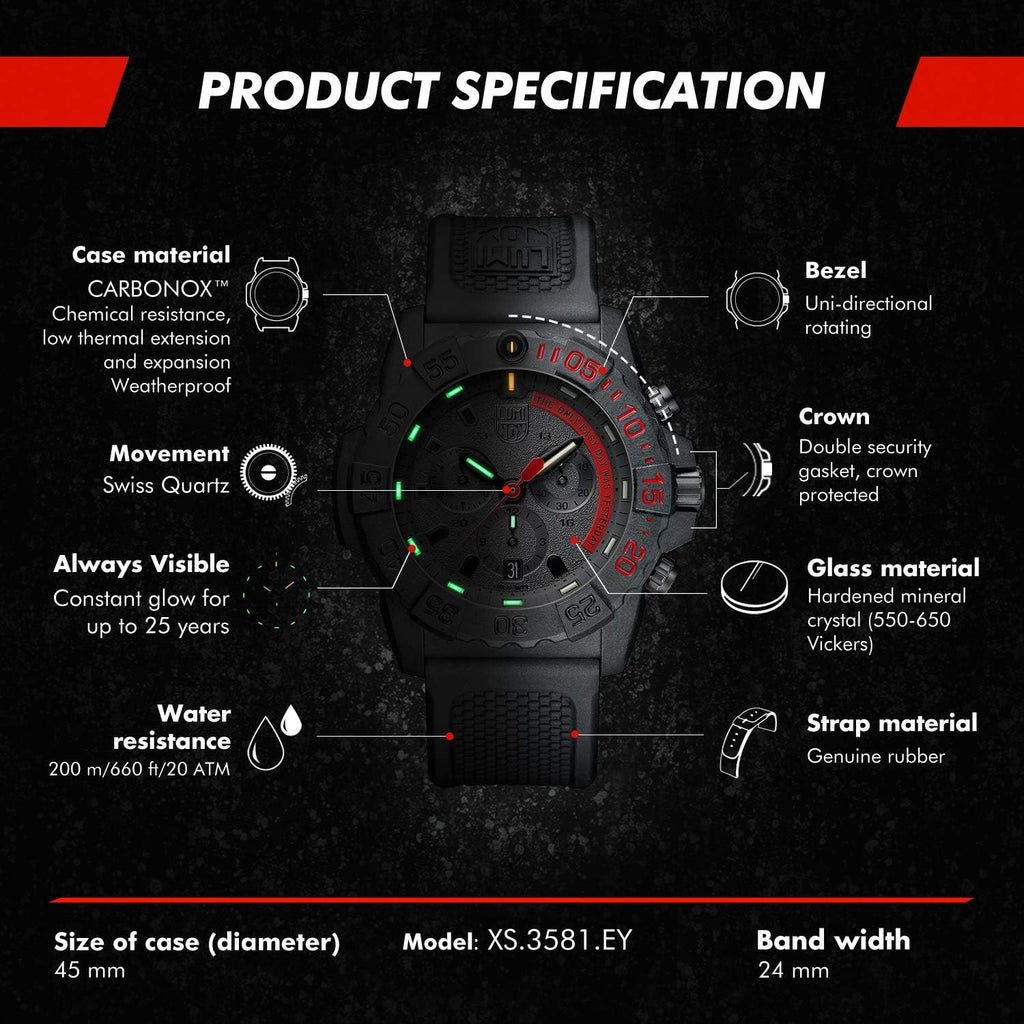 Luminox - Navy Seal - Reloj para hombre de 45 mm - Reloj militar sumergible - Función de fecha 200 m - Resistente al agua - Relojes para hombre - Fabricado en Suiza