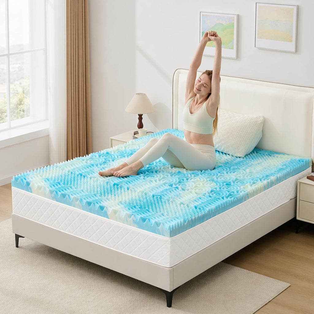 Cubrecolchón de 2 pulgadas, de espuma viscoelástica de 7 zonas, alivia la presión, certificado CertiPUR-US, tamaño individual, color azul