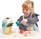 Tender Leaf Toys - Máquina de café de madera Babyccino Maker juguete de juego de comida con cápsulas y tazas de expreso hecho de materiales de primera calidad, artesanía a partir de 3 años