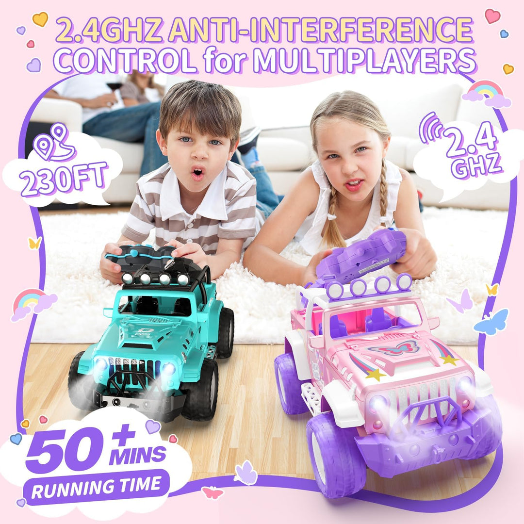 DEERC Coche de control remoto rosa para niñas con niebla y vapor y...