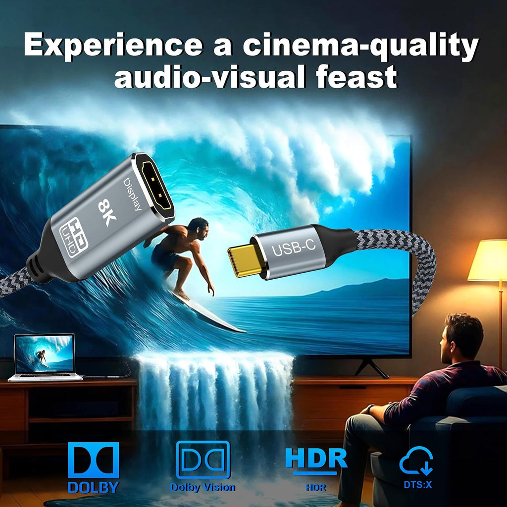 Adaptador USB C a HDMI2.1, cable tipo C a HDMI hembra, 8K @60Hz 4K @144Hz, Thunderbolt 4/5 compatible con MacBook Pro/Air, iPad Pro, iPhone 17 16, HDCP 2.3 y HDR10, 48Gbps, XPS, Galaxy S22