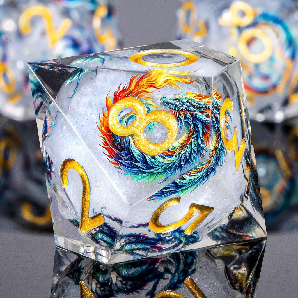 Juego de dados DND de núcleo líquido con patrón de dragón, 7 dados D&D de borde afilado con caja de regalo, dados de resina blanca Dungeons Dragons D y D para juegos de rol D20 D12 D10 D8 D6 D4
