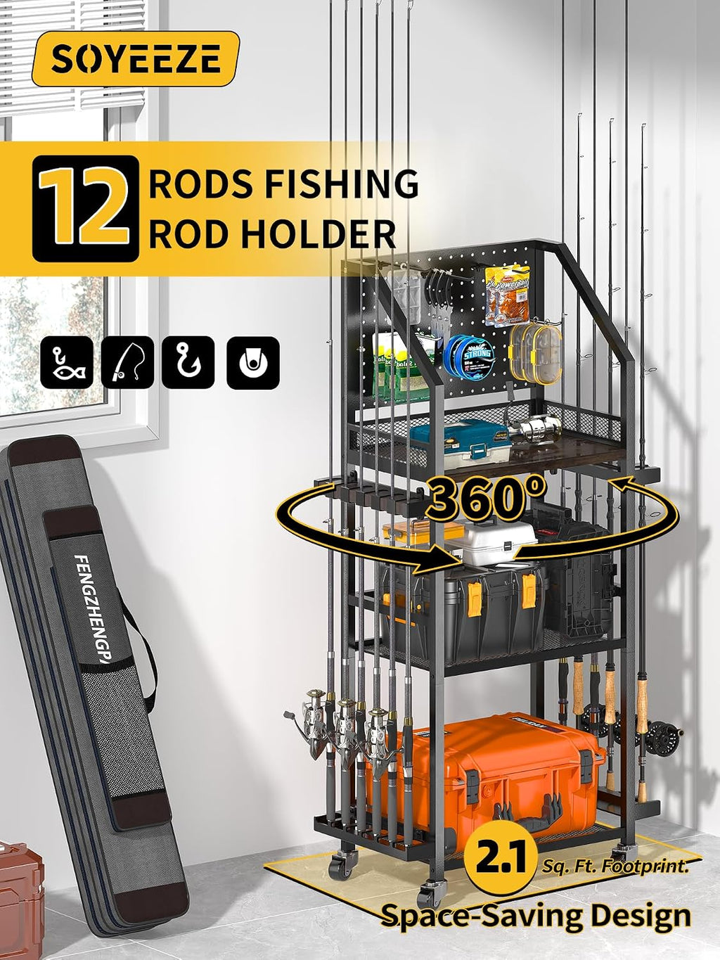 Soportes para caña de pescar para garaje, soportes para caña de pescar de hasta 12 cañas con tablero de clavijas y ganchos, carrito de pesca rodante con ruedas, almacenamiento de equipo de pesca para caja de aparejos y organización de carretes, 6 ganchos