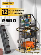 Soportes para caña de pescar para garaje, soportes para caña de pescar de hasta 12 cañas con tablero de clavijas y ganchos, carrito de pesca rodante con ruedas, almacenamiento de equipo de pesca para caja de aparejos y organización de carretes, 6 ganchos