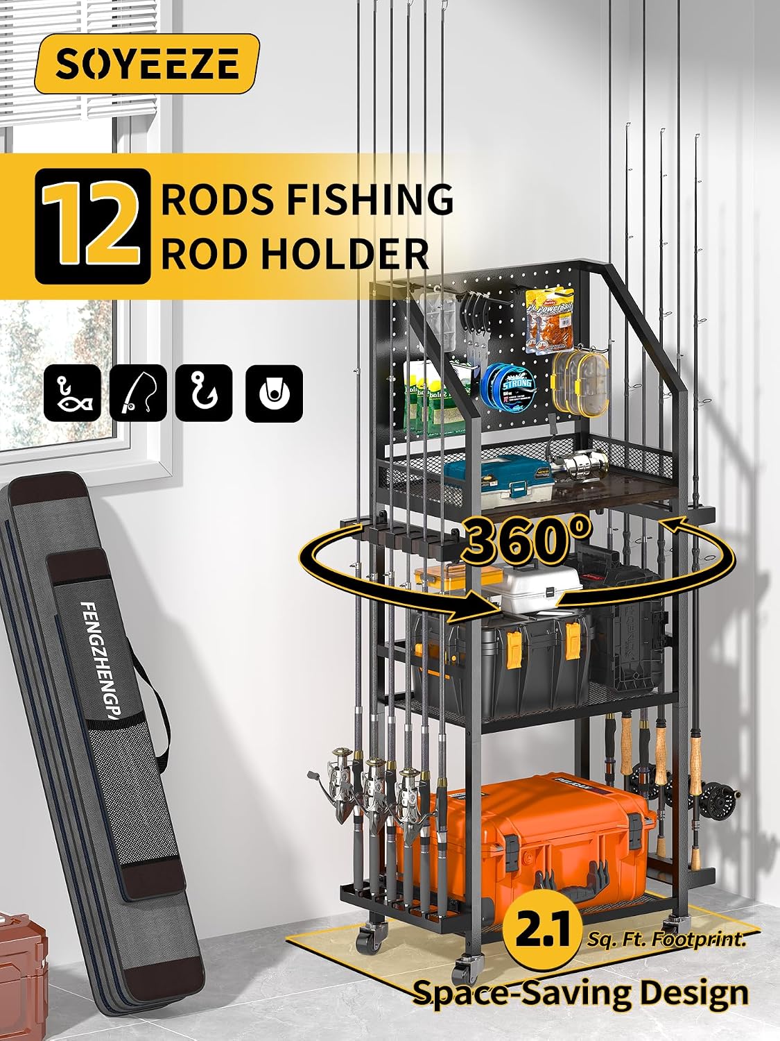 Soportes para caña de pescar para garaje, soportes para caña de pescar de hasta 12 cañas con tablero de clavijas y ganchos, carrito de pesca rodante con ruedas, almacenamiento de equipo de pesca para caja de aparejos y organización de carretes, 6 ganchos