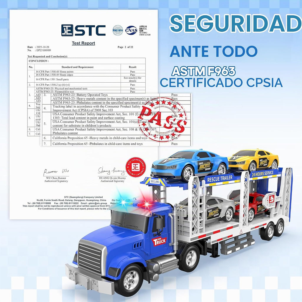 Juguete semi camión con 4 juguetes de coche, camiones de doble capa para