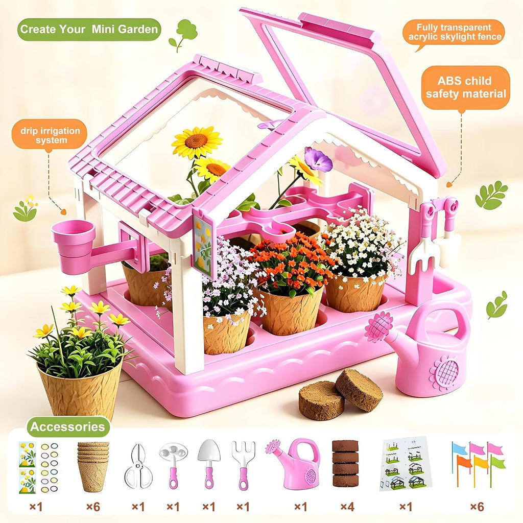 Mini kit de cultivo de plantas de invernadero para niños con sistema de riego por goteo, casa de observación de plantas transparente, herramientas completas de jardinería, juguete educativo de