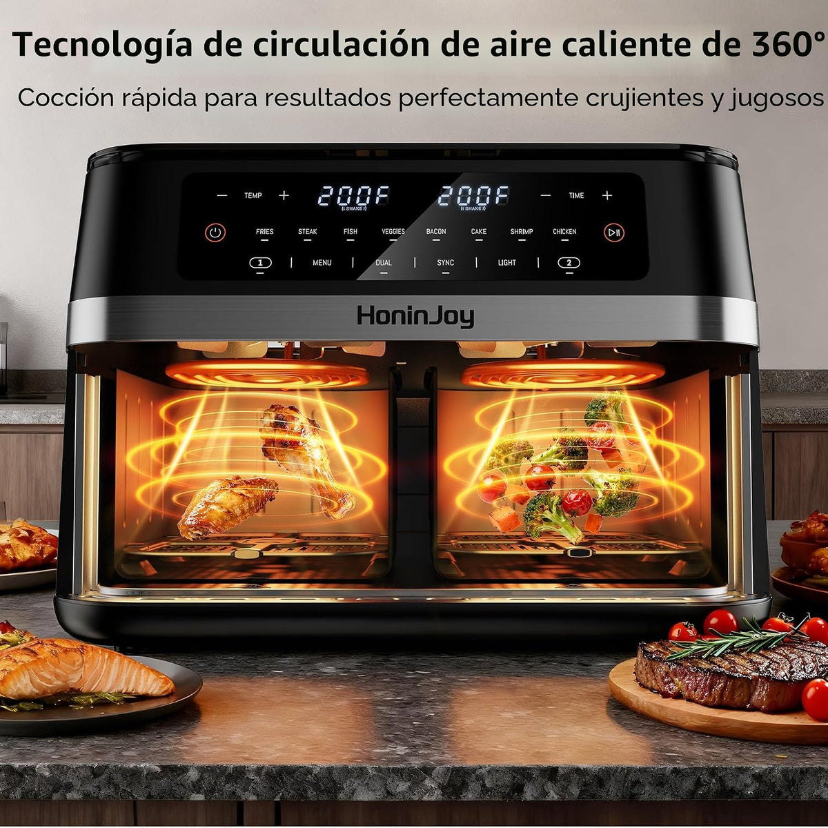 Freidora de aire doble 12 en 1 de 12 cuartos con 2 cestas y 50