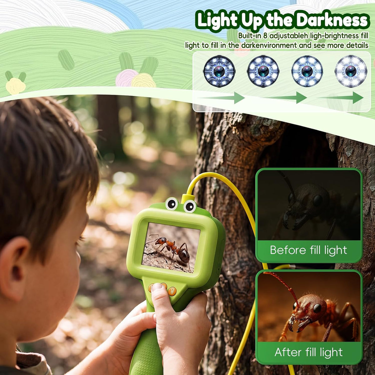 Juguete de cámara de boroscopio para niños con tarjetas flash parlantes