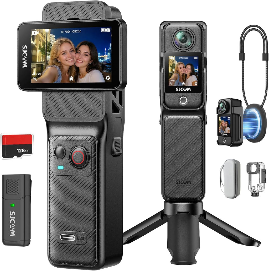 SJCAM Cámara de vlogging C400 PRO 4K con micrófono inalámbrico, cámara de vlog de tarjeta de 128 GB, sensor ultra claro de 1/1.8 pulgadas, cámara de acción de grabación 7H, giroscopio de 6 ejes + EIS