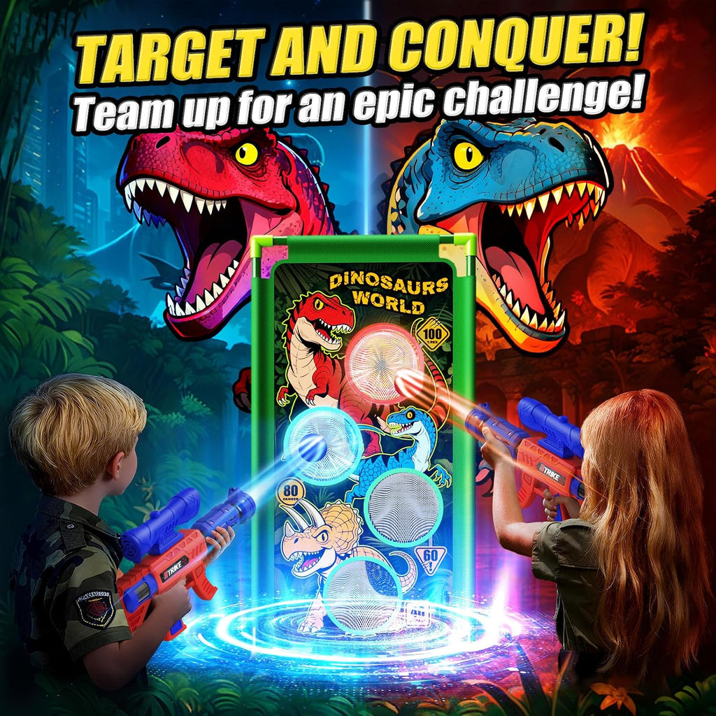 Juego de disparos con dinosaurios, 2 lanzadores de bomba de aire con diversión de apuntar, 3 temas de dinosaurios y 4 puntos de puntuación de objetivo, 24 bolas de espuma, juguete de regalo para niños