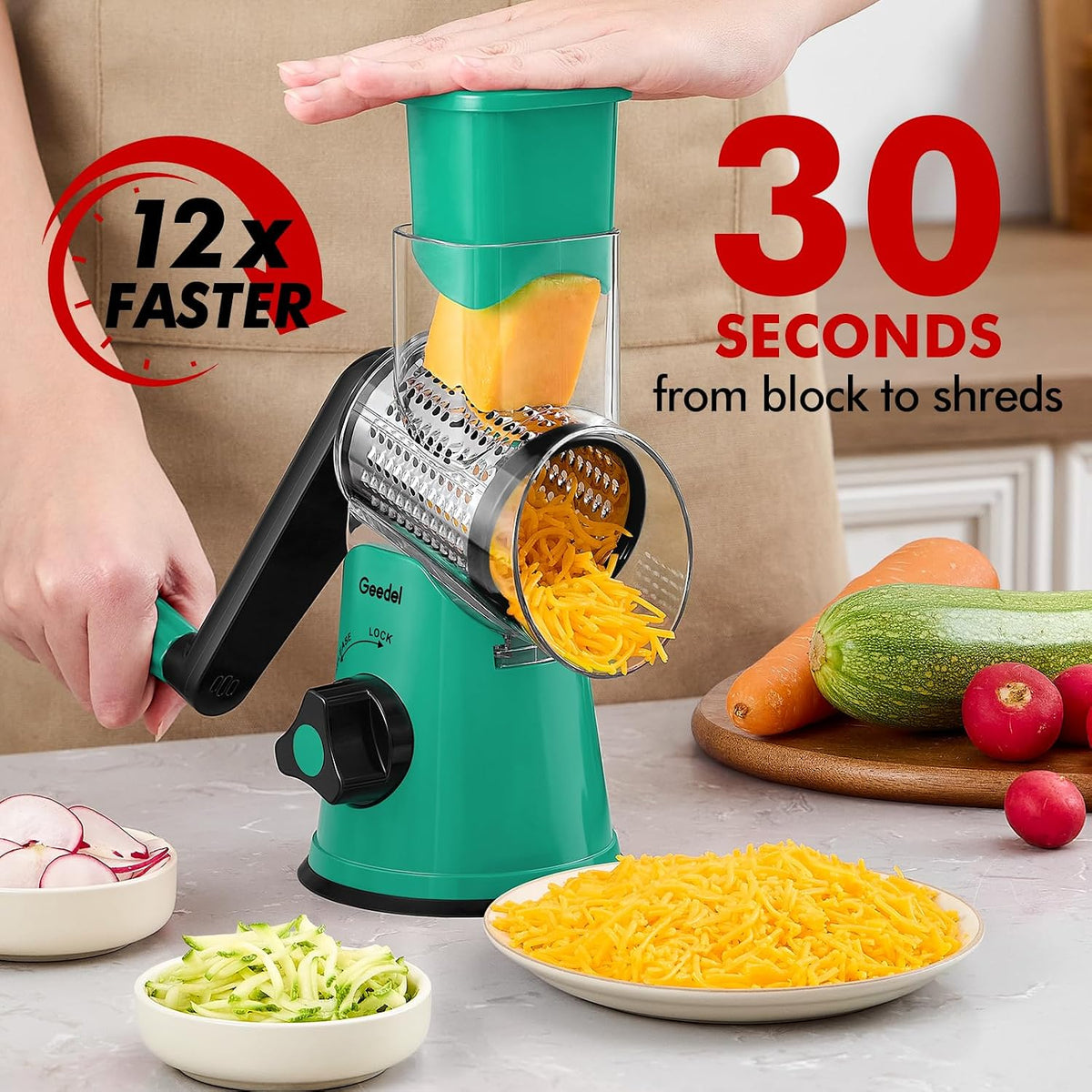 Geedel - Rallador rotativo de queso con manivela, trituradora de queso, cortador de verduras