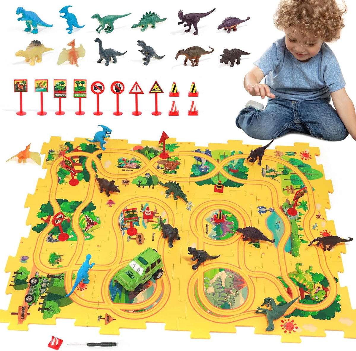 Juego de Pista de Rompecabezas de Coches con 12 Figuras de Dinosaurios, Rompecabezas de Suelo de Vagón de Plástico para Niños de 3-5 Años con Vehículos, Juguetes de Regalo para Niños de 3 4 5