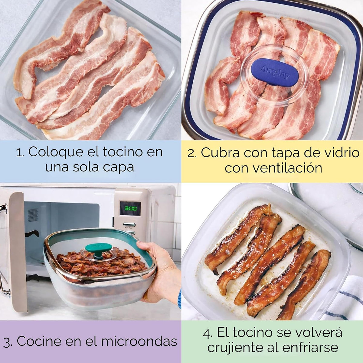 Anyday Juego de 4 piezas de utensilios cuadrados para microondas y juego de almacenamiento de alimentos con tapas de vidrio | Envases libres de plástico y BPA | Platos de 10 tazas y 5.5 tazas (Kale)