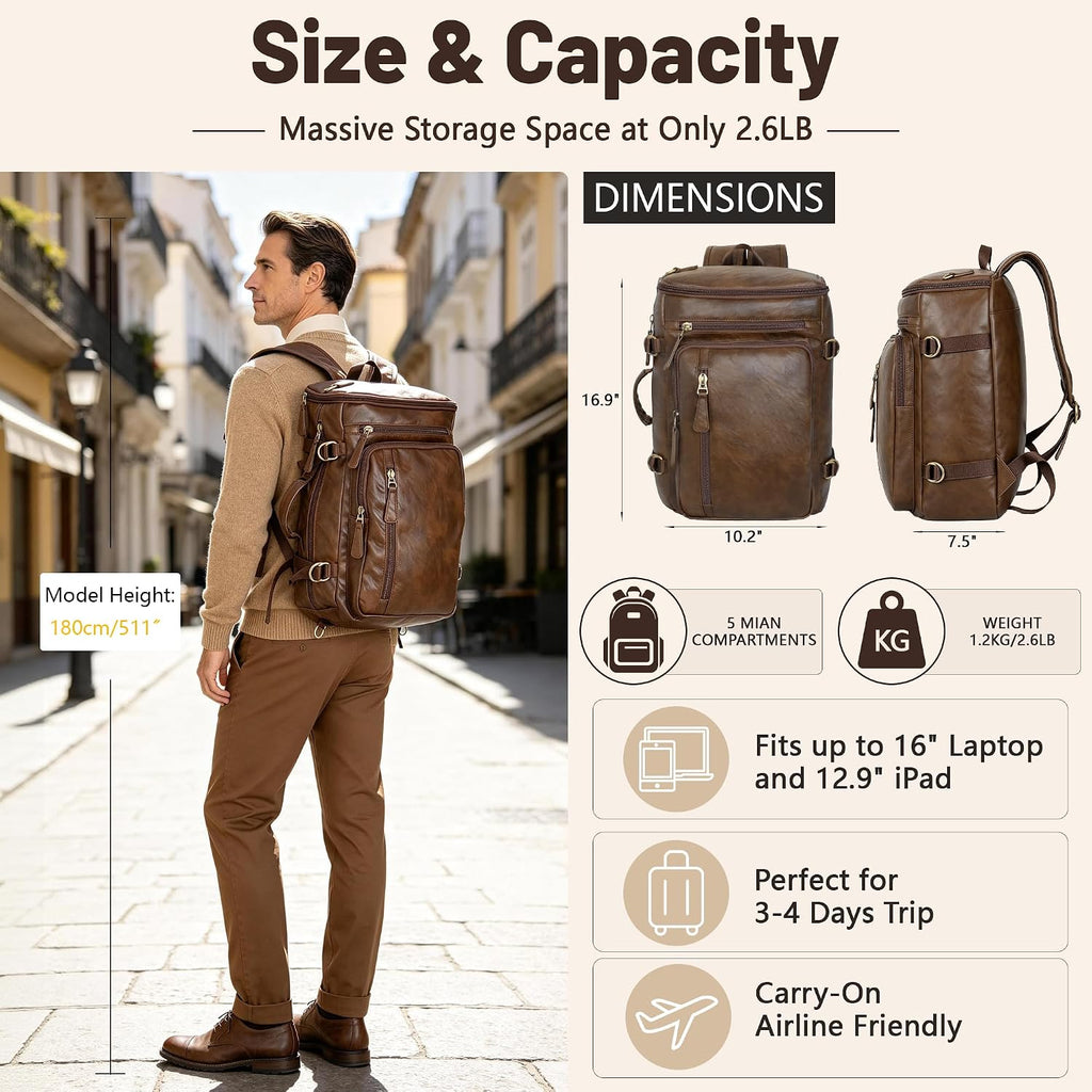 GOWIN Mochila de cuero vegano para portátil, maletín híbrido de 17 pulgadas, mochila de viaje para computadora portátil, mochila de senderismo para la universidad para hombres, Marrón