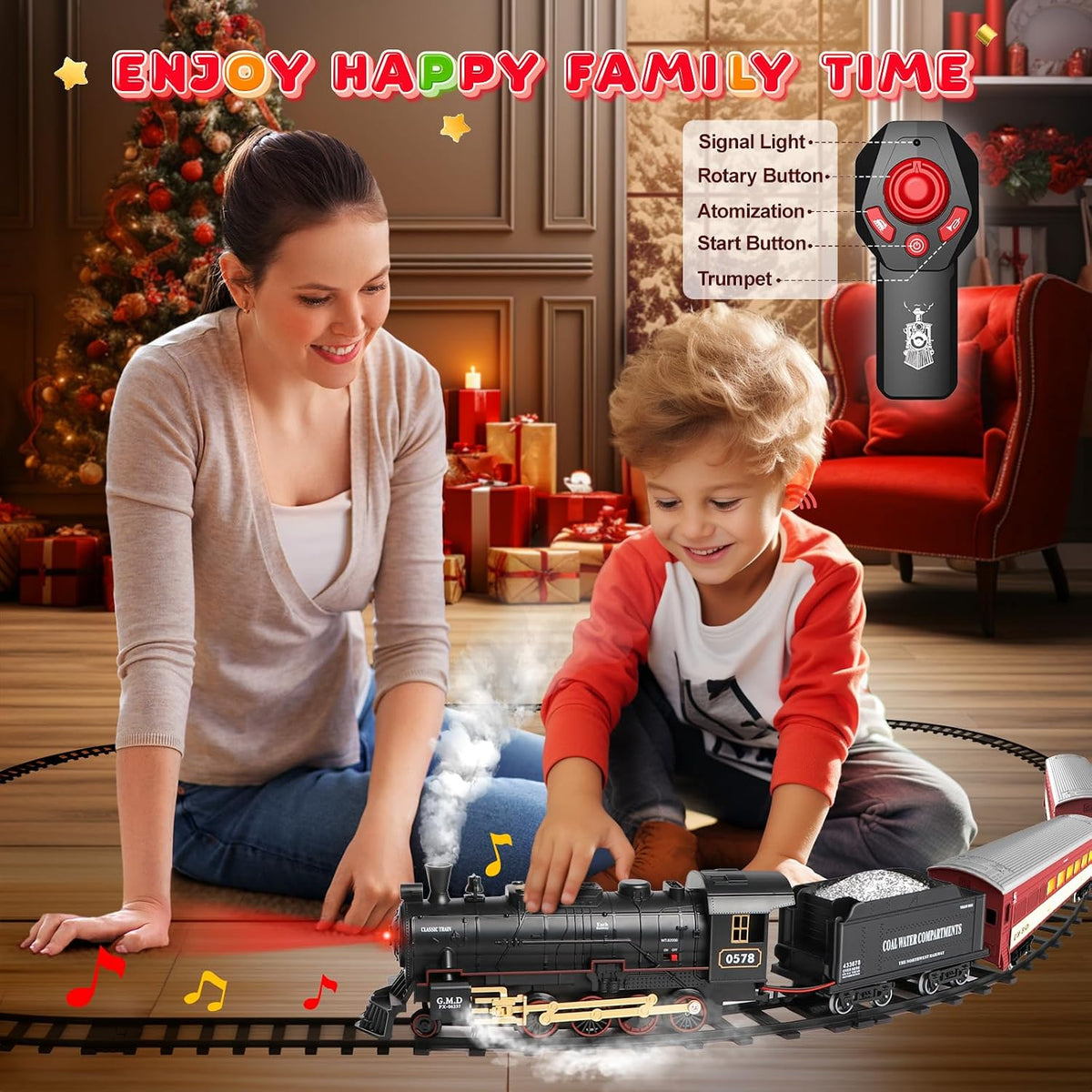 Hot Bee RC Train Set para Kids, Steam Locomotive, Light-Up Cars y Tracks