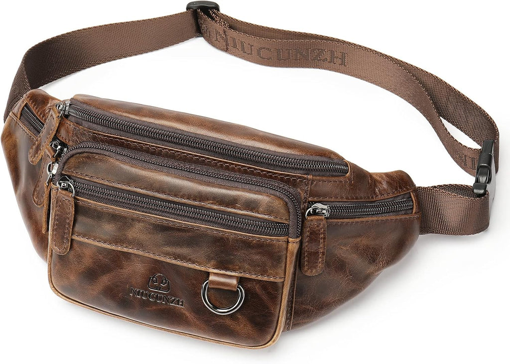 Riñonera de cuero genuino hecha a mano Bolsa de cintura de piel de vaca duradera Lotes de bolsillo con cremallera antirrobo, marrón (Brown Waxed), Pequeña