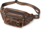 Riñonera de cuero genuino hecha a mano Bolsa de cintura de piel de vaca duradera Lotes de bolsillo con cremallera antirrobo, marrón (Brown Waxed), Pequeña