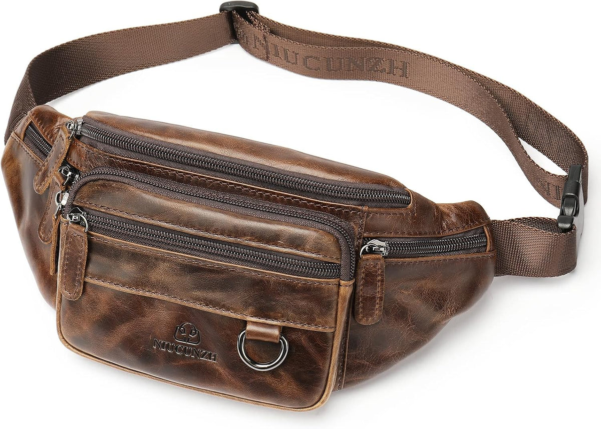Riñonera de cuero genuino hecha a mano Bolsa de cintura de piel de vaca duradera Lotes de bolsillo con cremallera antirrobo, marrón (Brown Waxed), Pequeña