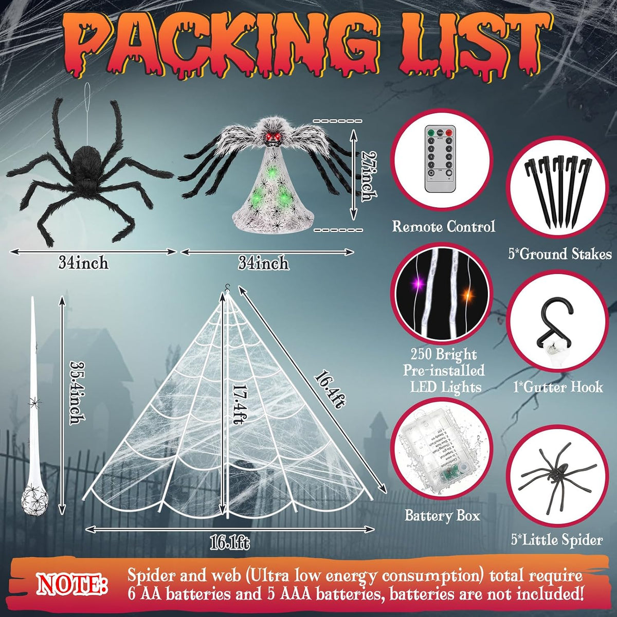 Decoración de luces de telaraña de Halloween + 2 arañas saltadoras