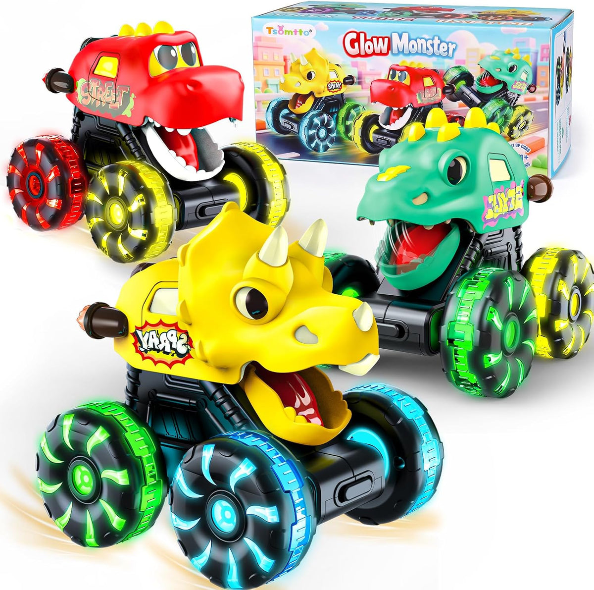 Monster Truck Toys Coches de dinosaurio, autos iluminados para niños pequeños