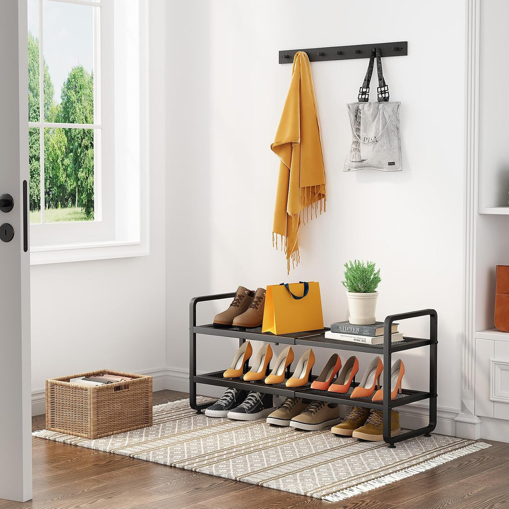 Estante metálico expandible para zapatero/closet, entrada y garaje, 2 niveles, negro