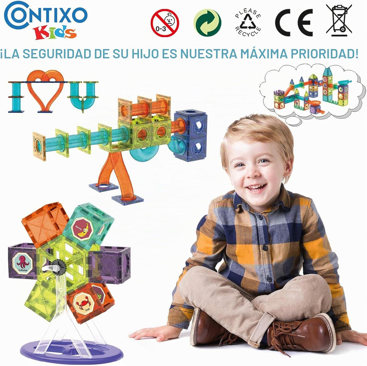 Contixo Juguetes de Construcción STEM – 110 piezas Azulejos Magnéticos 3D para Pistas de Canicas, Juguetes de Aprendizaje y Apilamiento, Conjunto de Bloques de Construcción Educativos, Creatividad Más