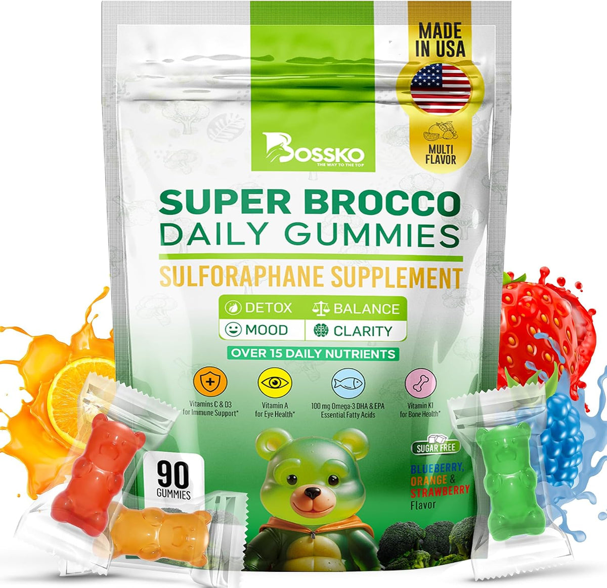 Bossko - Gomitas de sulforafano con omega-3, extracto de brote de brócoli