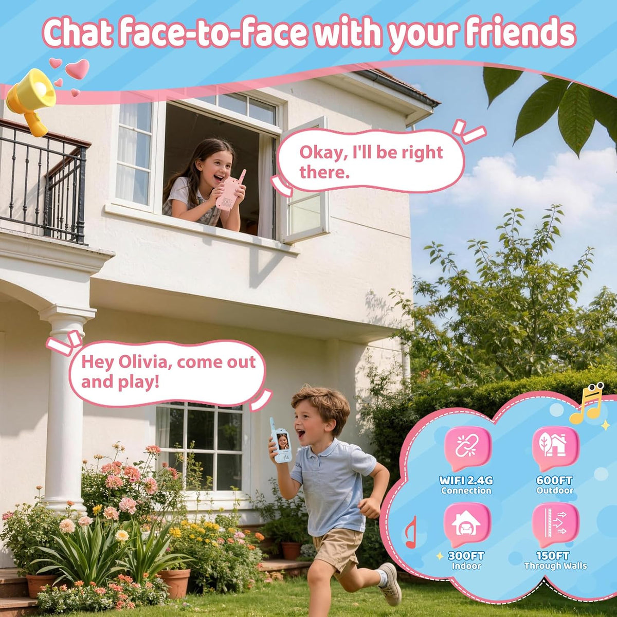 Walkie Talkies de video para niños, con cámara, 5 efectos de voz, filtros y calcomanías creativos, y micro chat, walkie talkie para exploración al aire libre, campamento, patio trasero