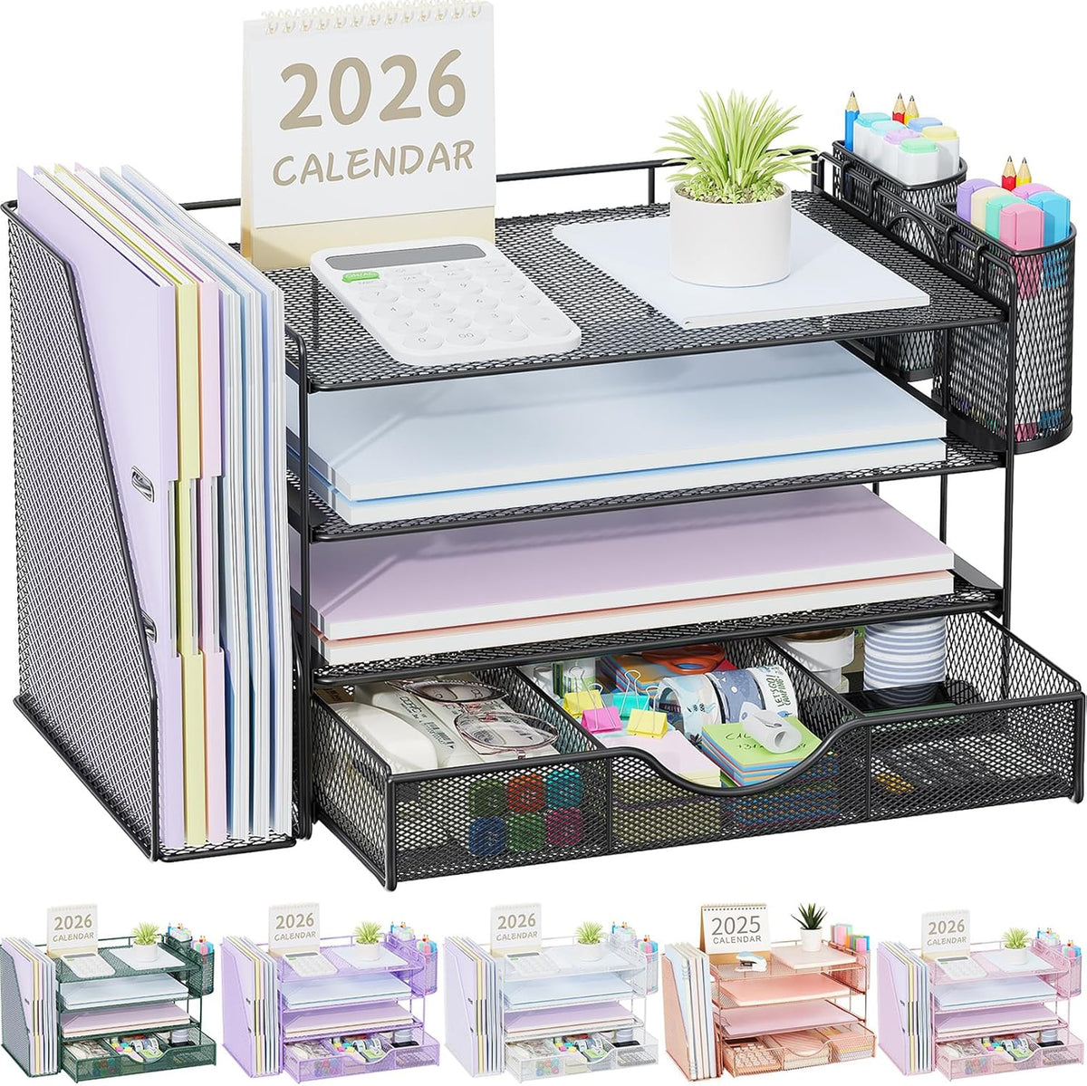 Lámpara gianotter Organizadores de escritorio y accesorios con soporte para archivos, accesorios de escritorio de 4 niveles y organizadores de espacio de trabajo con cajón y 2 soportes para bolígrafos