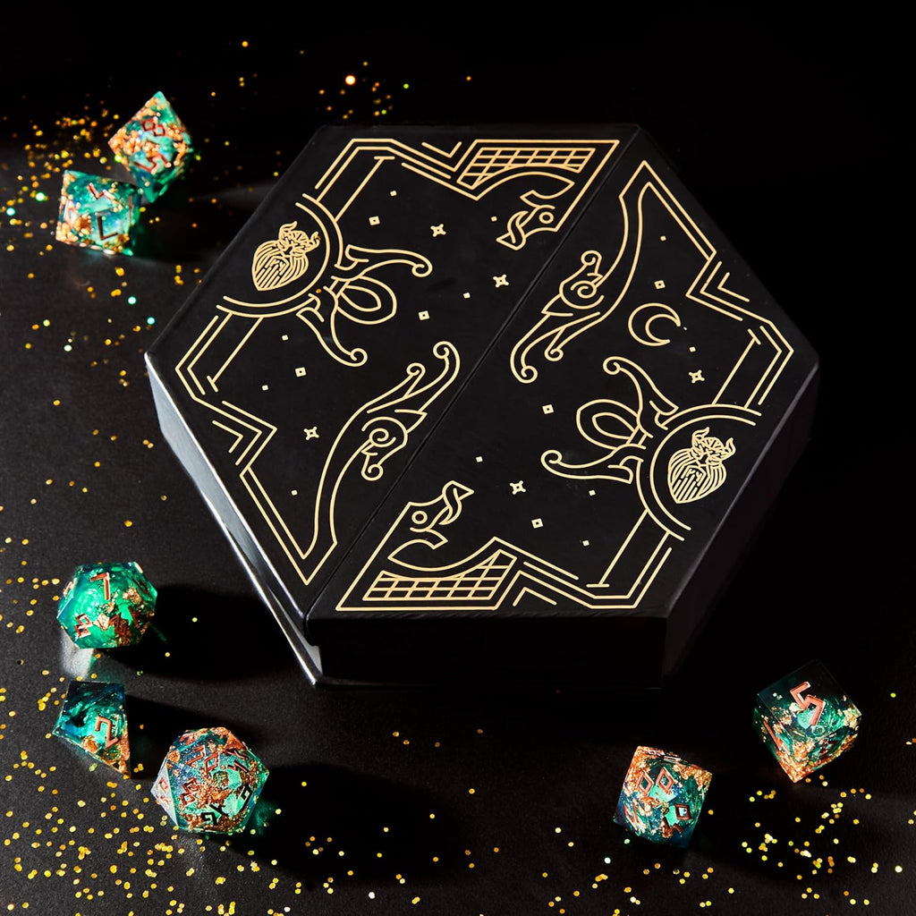 HEIMDALLR Juego de dados de núcleo líquido con la primera caja de visualización LED - Juego de 7 dados DND de borde afilado pintado a mano con caja de regalo - Juego de dados de resina de Dungeons and